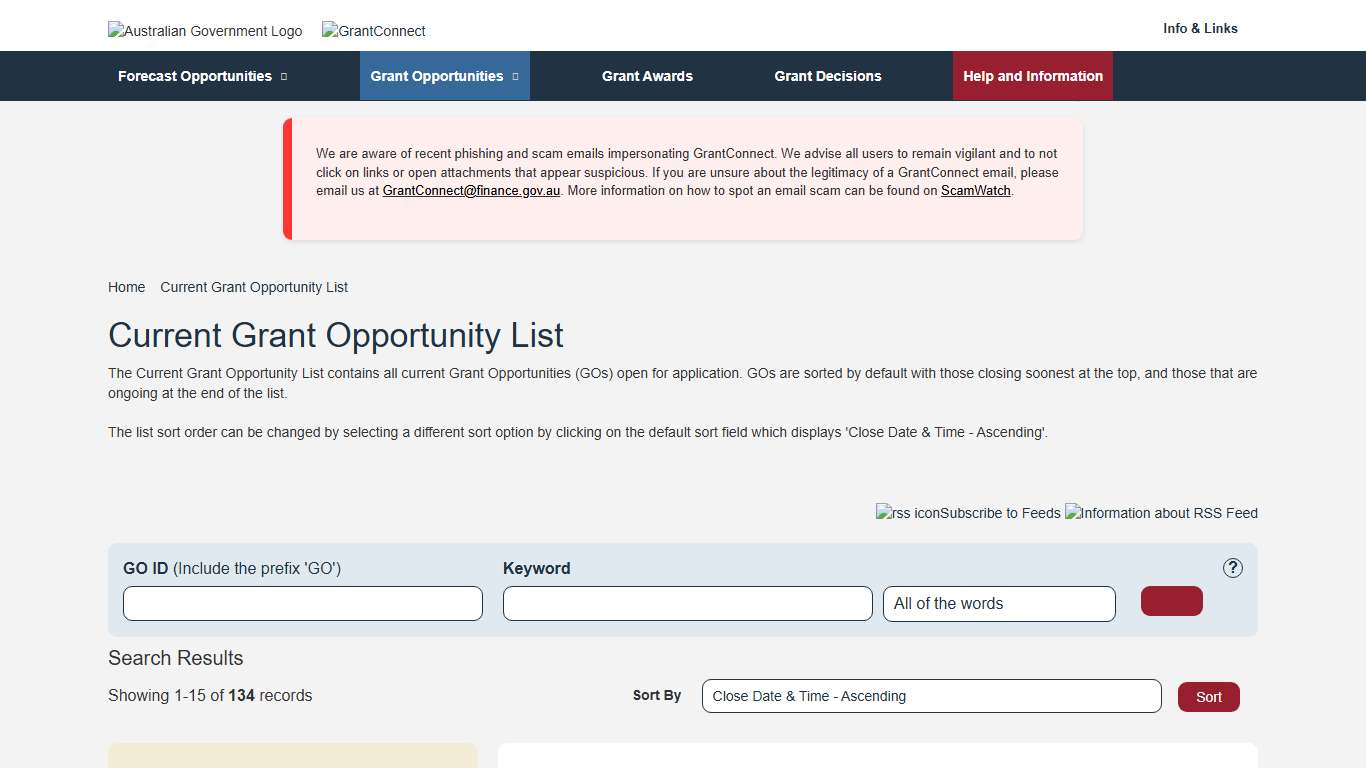 Current Grant Opportunity List: GrantConnect